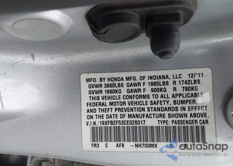 2012 Honda Civic Lx z USA, uszkodzony, nr VIN 19XFB2F53CE028017
